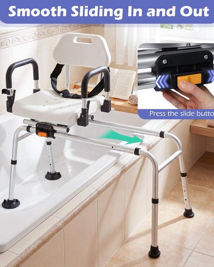 Giantex Sliding Shower Chair with Swivel Seat Flip-Up Padded Armrests & Safety Belt for Seniors