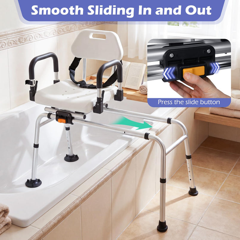 Chaise de Douche Coulissante Giantex avec Siège Pivotant, Accoudoirs Rembourrés Relevables et Ceinture de Sécurité pour Personnes Âgées