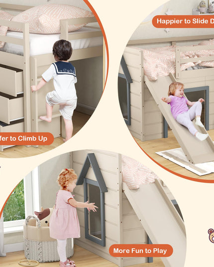 Giantex Twin Low Loft Bed with Slide, Solid Wood Twin Loft Bed with Ladder