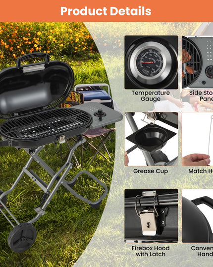 Giantex Gas Grill, Portable Propane Grill with 15,000 BTUs Burner, Side Table, 2 Wheels, Grease Tray