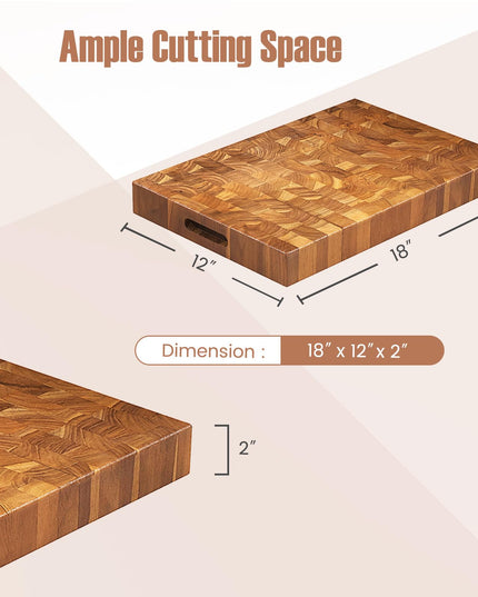 Giantex Teak Wood Cutting Board, 18" End Grain Chopping Block with Hand Grip, Pre-Conditioned With Natural Waxes & Oils