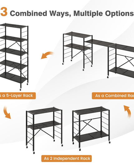 Giantex 5-Tier Folding Bookshelf with Wheels of 1/2, 60" Tall Foldable Metal Shelves for Storage