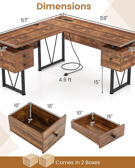 Giantex L Shaped Desk with Drawers, 59” Large Computer Desk with Power Outlet