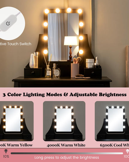 CHARMAID Makeup Vanity Desk with Lighted Mirror, 3 Color Lighting Modes, Adjustable Brightness, 3 Drawers