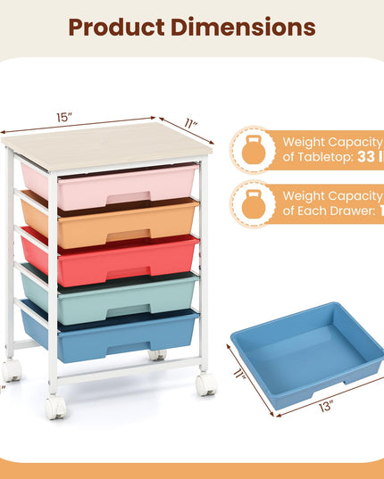Giantex 5 Drawers Rolling Cart with Wheels Wood Top Sturdy Frame