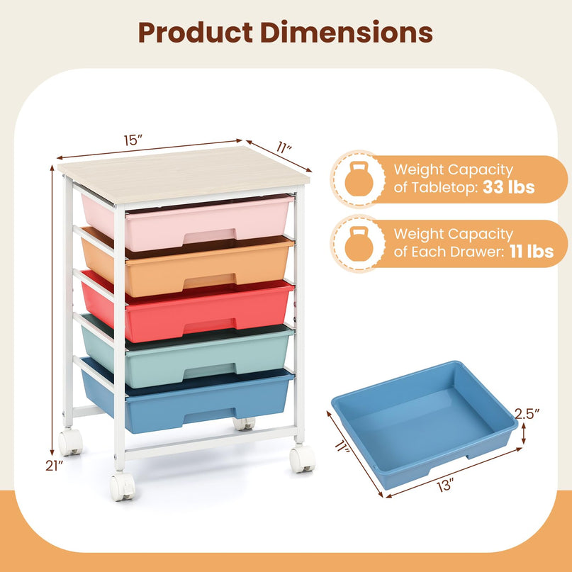 Giantex 5 Drawers Rolling Cart with Wheels Wood Top Sturdy Frame