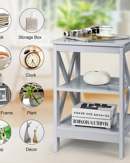 Nightstand 3-Tier X-Design W/Storage Shelves and Stable Structure Storage Organizer Display Sofa Side Table