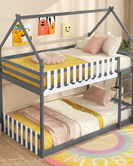 Giantex Bunk Bed Twin Over Twin, Wood House Low Bunk Bed with Ladder & Fence Safety Guardrail