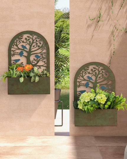 Giantex Raised Garden Bed Set of 2 - Wall-Mounted & Freestanding Decorative Planter Boxes with Trellises