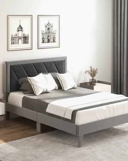 Giantex Full Size Velvet Bed Frame with Headboard, Modern Upholstered Platform Bed, No Box Spring Needed, Black & Gray