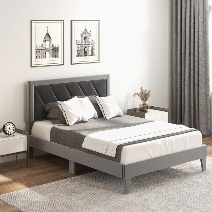 Giantex Full Size Velvet Bed Frame with Headboard, Modern Upholstered Platform Bed, No Box Spring Needed, Black & Gray