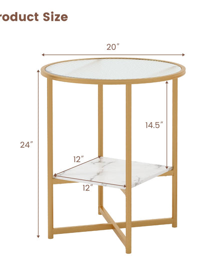 Giantex Glass End Table Set of 2, Round Side Table with Faux Marble Storage Shelf and Glass Top, Gold
