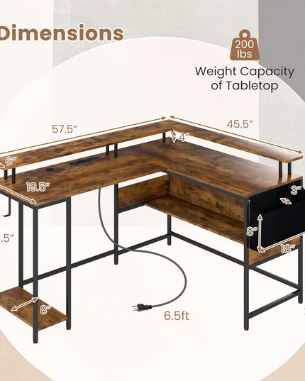 Giantex L Shaped Desk with LED Light & Power Outlets Ergonomic Home Office Desk
