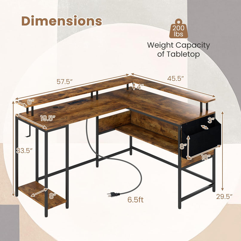 Giantex L Shaped Desk with LED Light & Power Outlets Ergonomic Home Office Desk