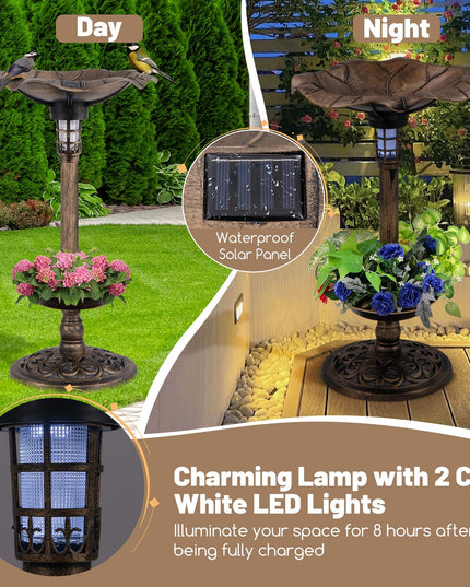 Giantex Bird Bath for Outside, 30 inch Solar Lighted Bird Bath and Feeder with Flower Planter