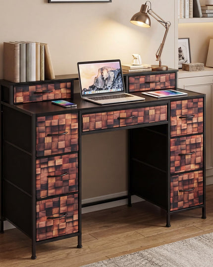 CHARMAID Industrial Vanity Desk with 9 Fabric Drawers & Top Storage Shelf