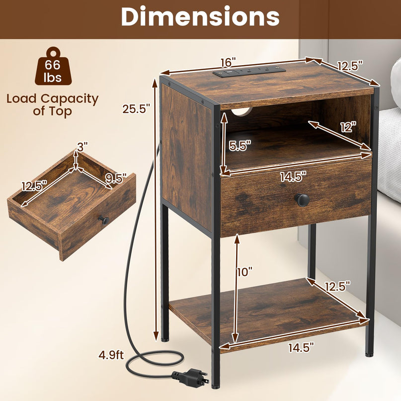 Giantex Night Stand with Charging Station for Bedroom Small Spaces