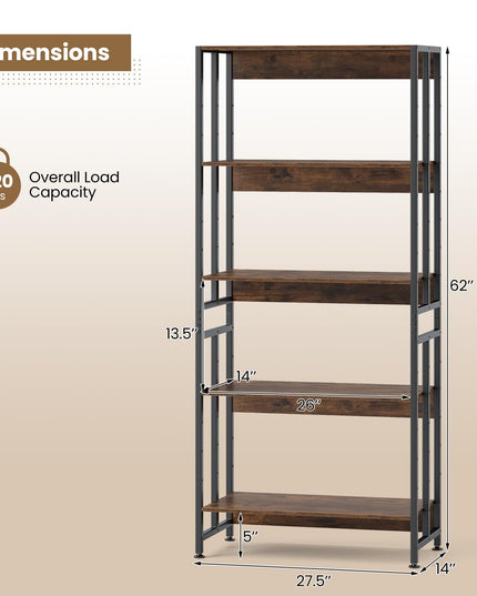 Giantex 5-Tier Bookshelf, 62" Tall Bookcase w/Tiltable Shelves, Metal Frame, Convertible Display Storage Rack