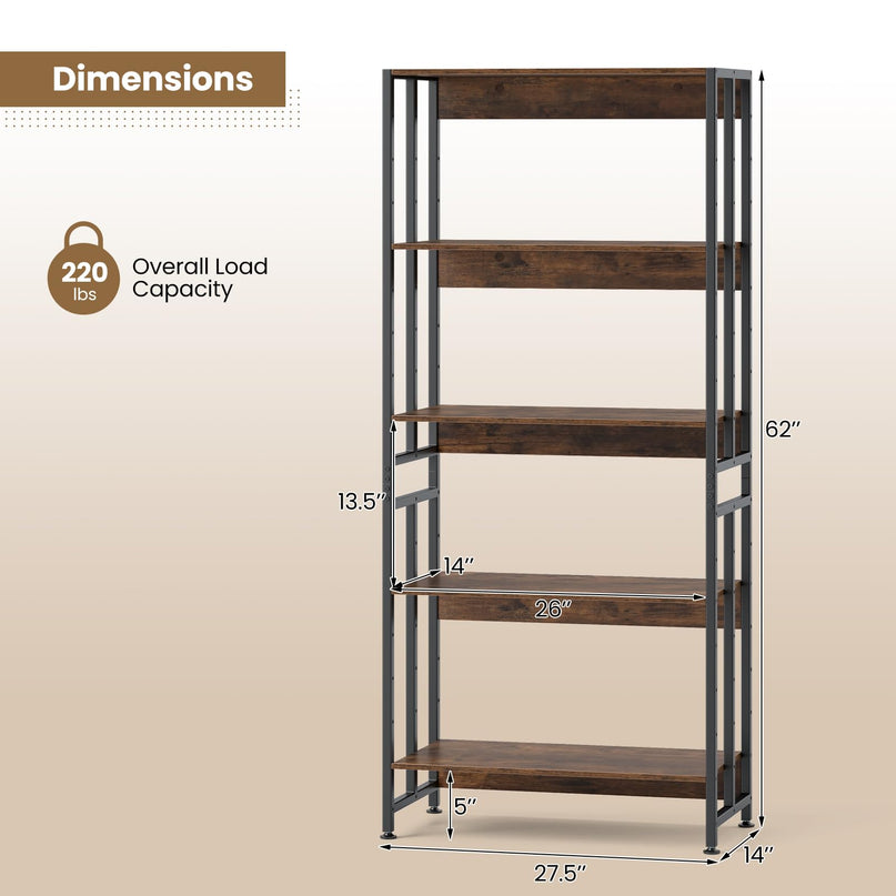 Giantex 5-Tier Bookshelf, 62" Tall Bookcase w/Tiltable Shelves, Metal Frame, Convertible Display Storage Rack