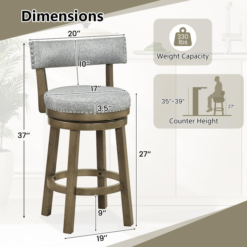 Tabouret de bar Giantex 68,5 cm, hauteur comptoir, avec assise et dossier rembourrés en tissu de lin