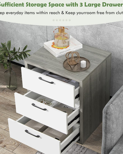 Giantex Storage Drawer Dresser - Wood End Table, Night Stand with 3 Drawers (1, White & Gray)