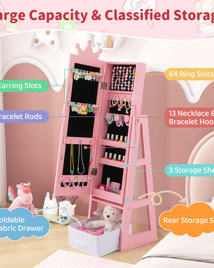CHARMAID Kids Mirror Jewelry Cabinet - 45.5'' Standing Jewelry Armoire with Full Length Mirror
