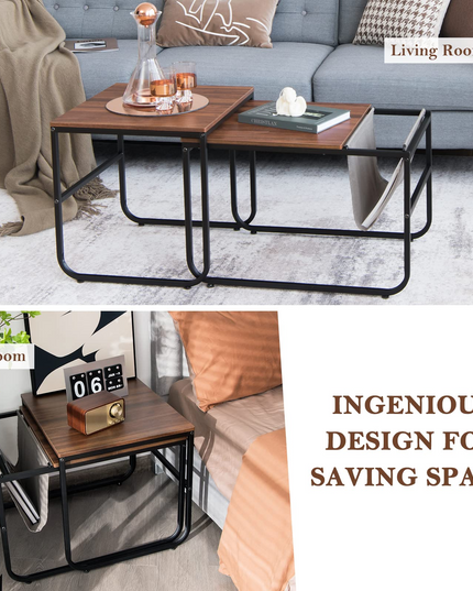 Nesting Coffee Table Set of 2, Stackable Side Table w/Side Pocket