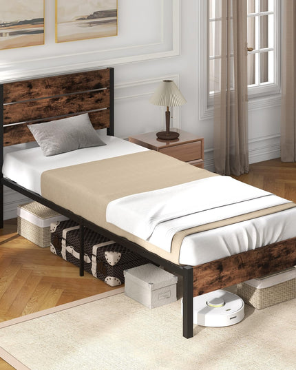 Giantex Metal Platform Bed Frame, Industrial Bed Frames with Wood Headboard