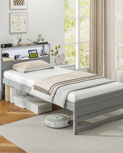 Giantex Twin Bed Frames with Storage Headboard, Wood Platform Bed with Charging Station & LED Light