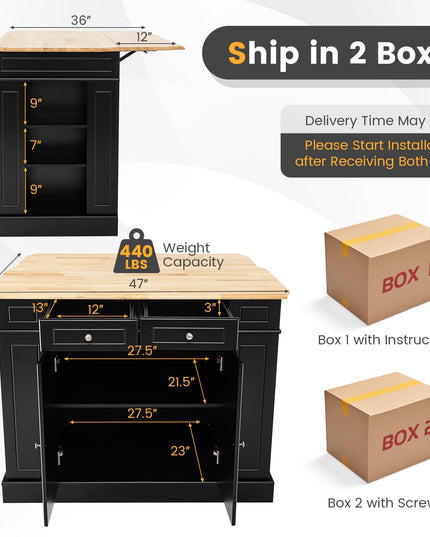 Giantex Kitchen Island with Drop Leaf, Rubber Wood Top, 2 Drawers, Storage Cabinets