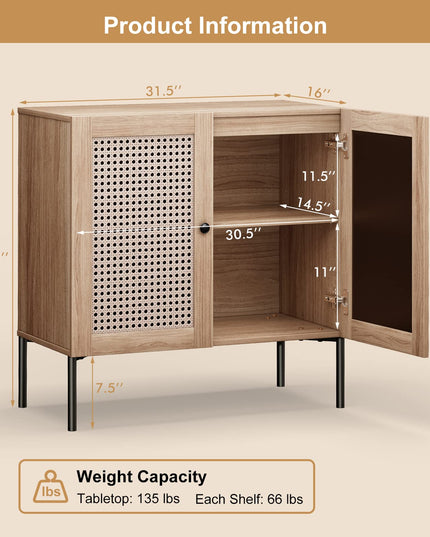 Giantex Buffet Cabinet, Wood Sideboard Storage Cabinet with Rattan Door, 3-Position Adjustable Shelf