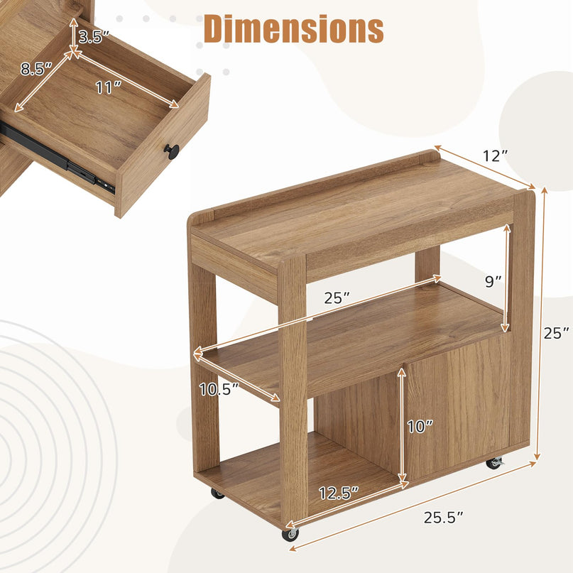 Giantex Rolling Side Table with Storage with Wheels & Open Shelves