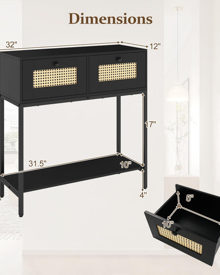 Console géante en rotin bohème de 81 cm avec 2 tiroirs et cadre en métal