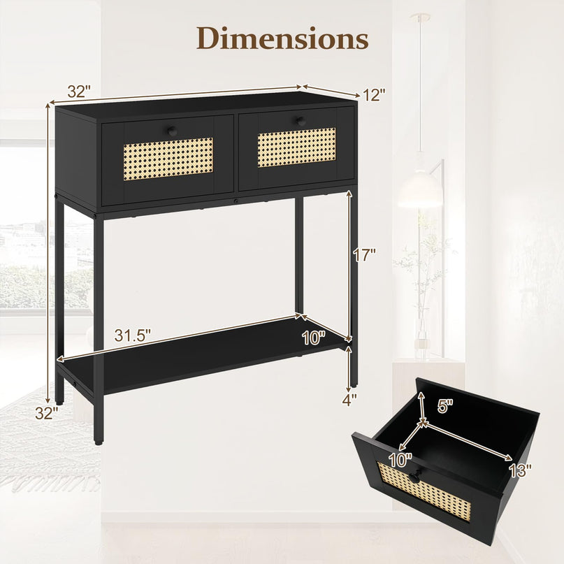 Console géante en rotin bohème de 81 cm avec 2 tiroirs et cadre en métal