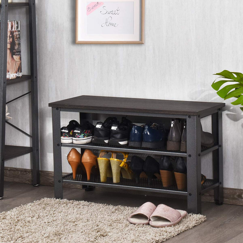Giantex 3-Tier Shoe Bench, Industrial Shoe Rack with 2 Mesh Storage Shelves