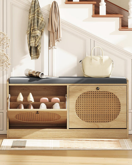 Giantex Rattan Shoe Storage Bench with 2 Flip Drawers & Padded Seat Cushion