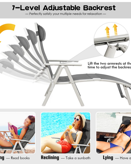 Pool Folding Reclining Beach Chair W/Removable Cushion&Headrest Pillow