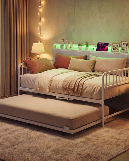 Giantex Daybed with Trundle Twin Bed Frame with LED Lights
