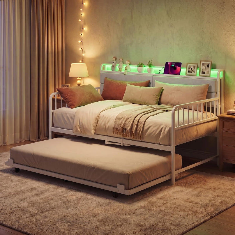 Giantex Daybed with Trundle Twin Bed Frame with LED Lights