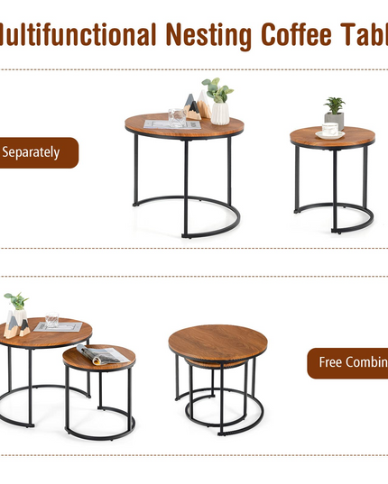 Nesting Coffee Table Set of 2, Round Stacking Side Tables w/Wooden Tabletop & Steel Frame