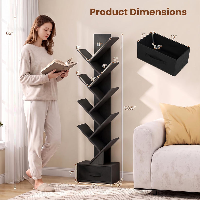 GIANTEX 9-Tier Tree Bookshelf with Drawer for Home Office