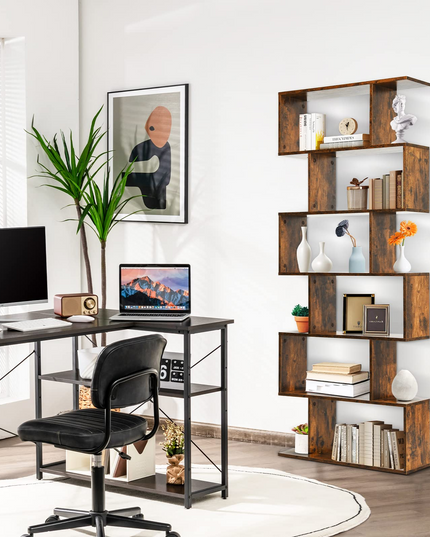 Giantex Geometric Bookcase Rustic, Solid Wood S-Shaped Bookshelf