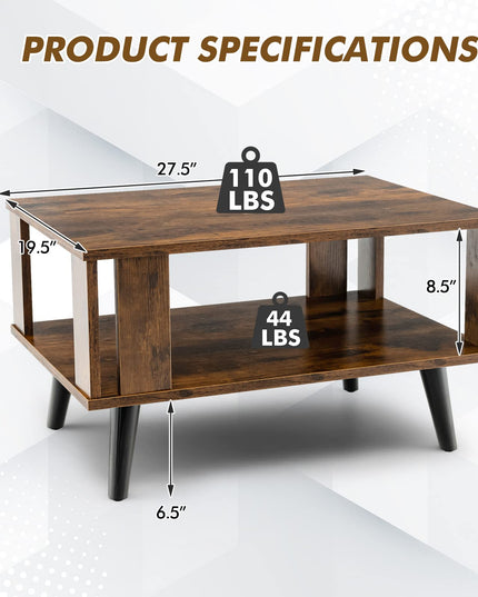 Giantex Retro Wood Coffee Table, 2-Tier Tea Table w/Open Storage Shelf & Supportive Legs