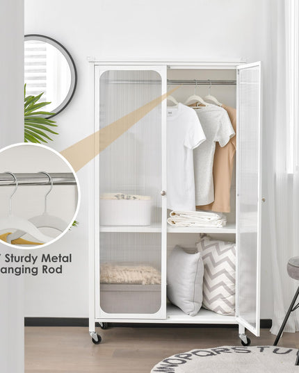Portable Closet with Rollers, Mobile Metal Armoire Closet with Hanging Rod