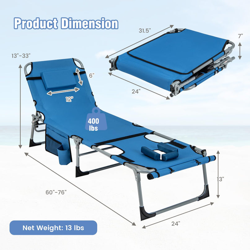 Giantex Folding Beach Tanning Chair - Outdoor Chaise Lounge Chair, 5-Position Adjustable Lounger with Face Hole