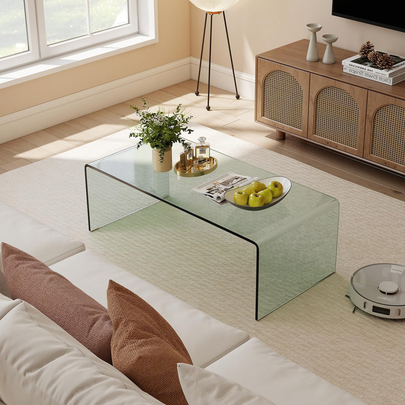 Giantex Glass Coffee Table with Tempered Glass Top & Round Edges