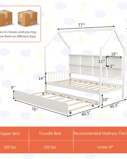 Giantex Twin House Bed with Trundle, Solid Wood Bed Frame with Roof & 8 Cube Bookcase