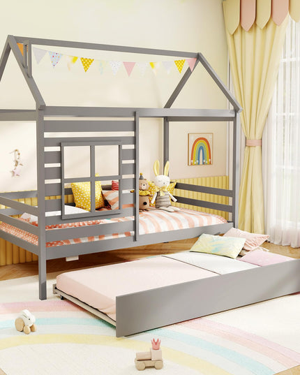 Giantex Twin House Bed with Trundle Bed Twin, Wooden Twin Bed Frames with Roof, Chimney & Window