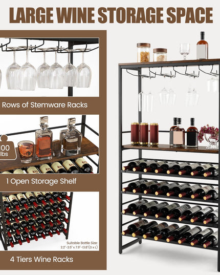 Floor Wine Rack w/ 4-Tier Wine Storage & 4 Rows of Stemware Racks