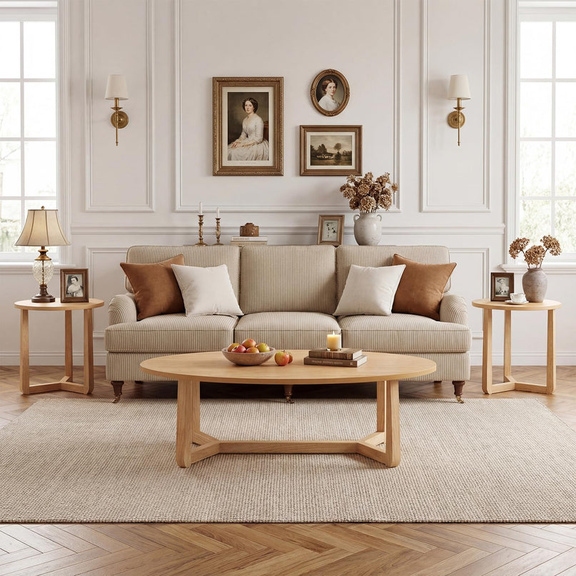 Giantex Oval Coffee Table and End Tables Set of 3 | Mid Century Modern Coffee Table and 2 Round Side Tables